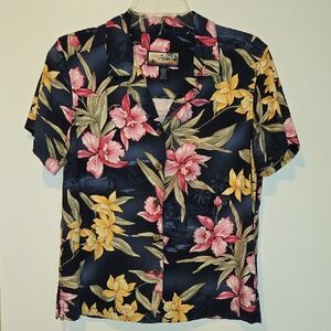 Havana Jack's Cafe Tropical Hawaiian Button Down Navy Blue & Pink Floral Shirt